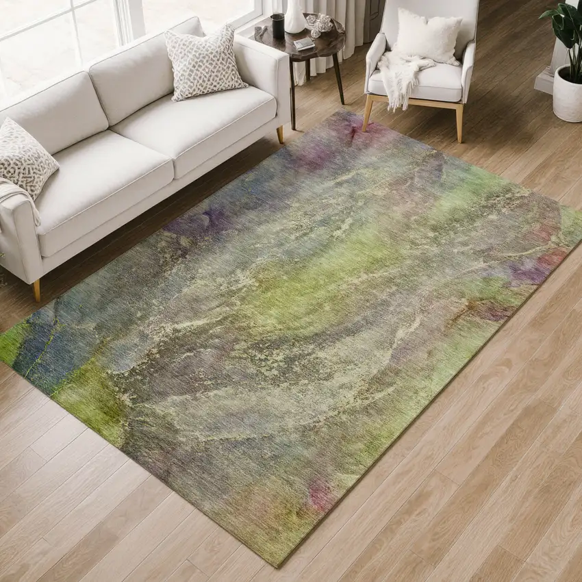 Green Pink And Gold Abstract Washable Indoor Outdoor Area Rug Photo 9