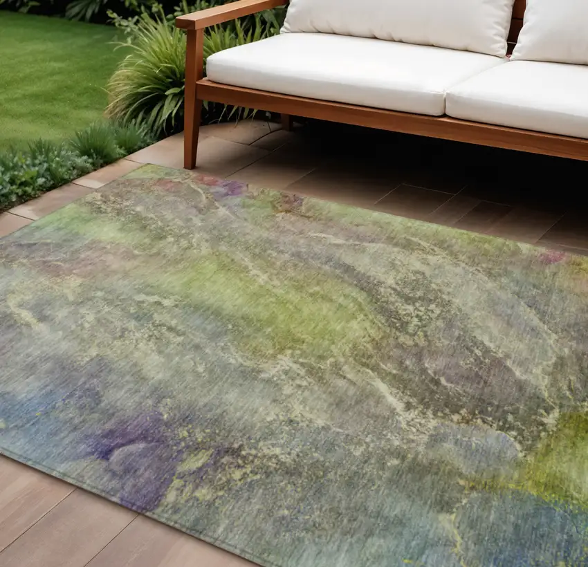 Green Pink And Gold Abstract Washable Indoor Outdoor Area Rug Photo 1