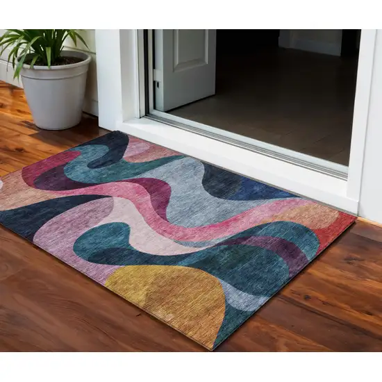 Green Pink And Gray Abstract Washable Indoor Outdoor Area Rug Photo 1
