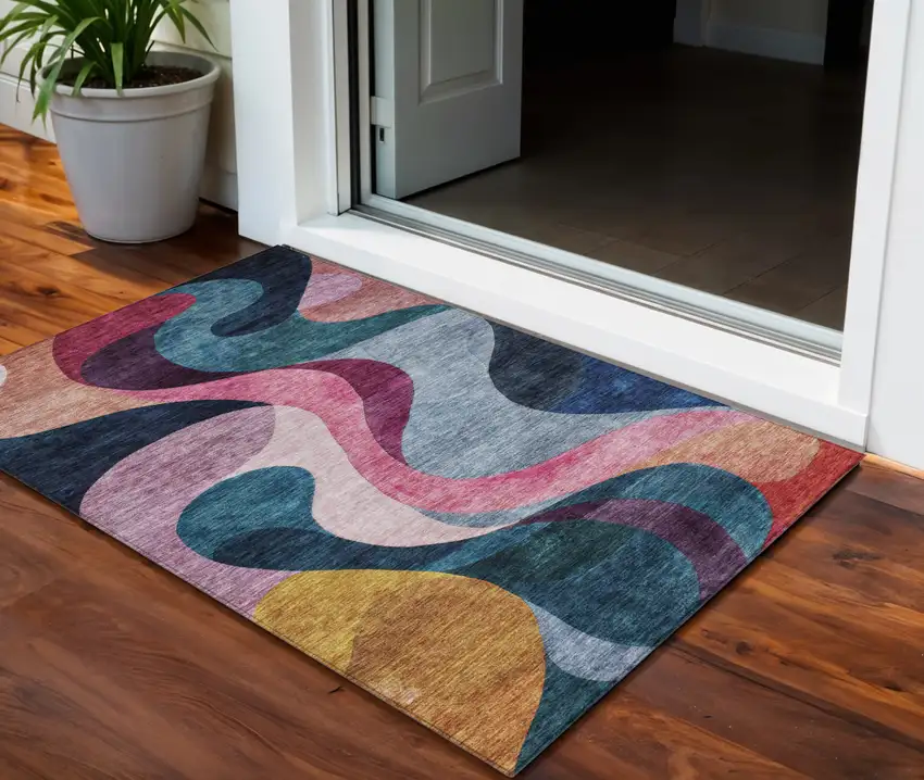 Green Pink And Gray Abstract Washable Indoor Outdoor Area Rug Photo 1