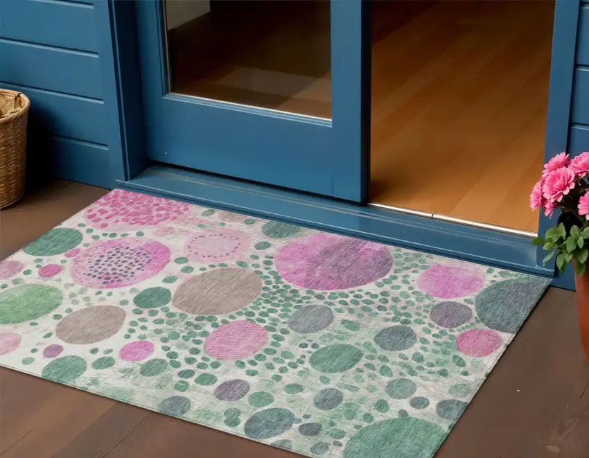 Green Pink And Mauve Geometric Washable Indoor Outdoor Area Rug Photo 2