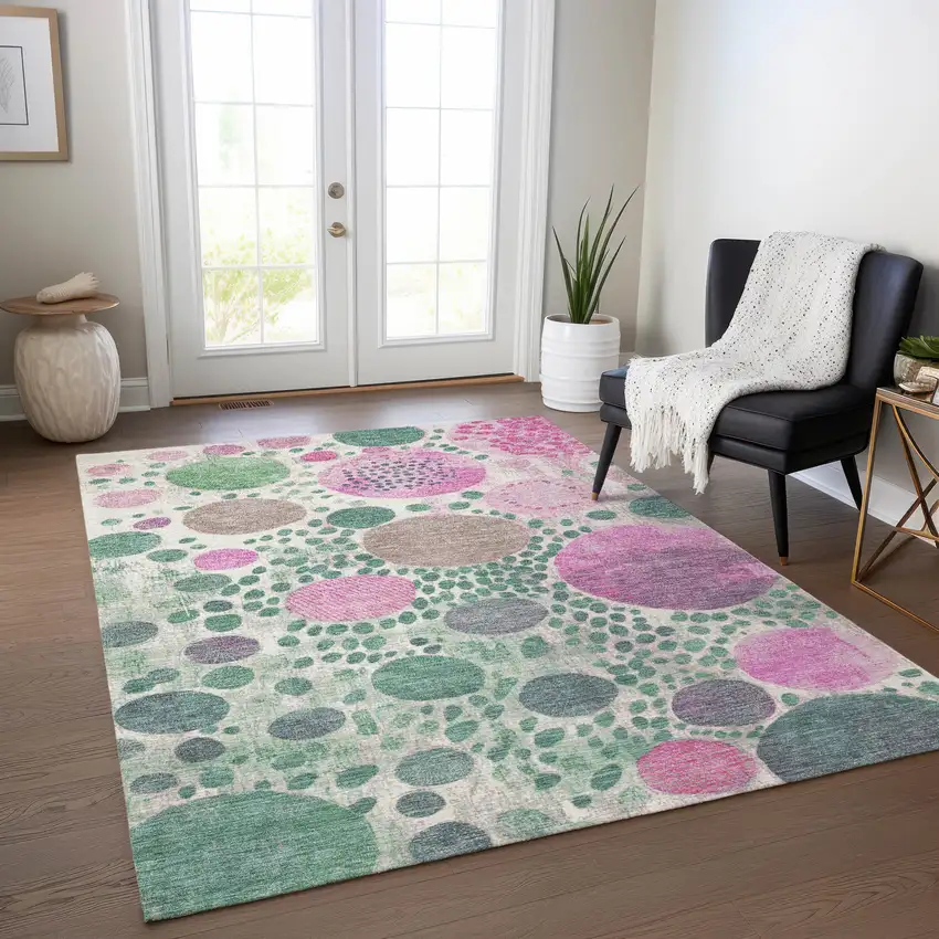 Green Pink And Mauve Geometric Washable Indoor Outdoor Area Rug Photo 5