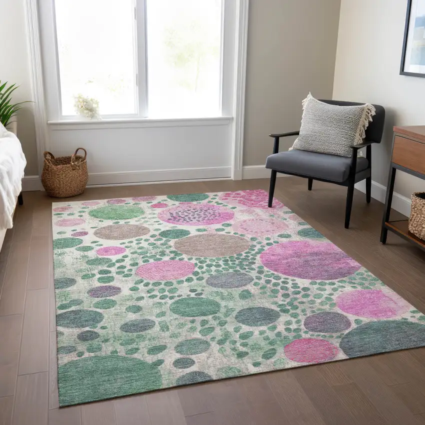 Green Pink And Mauve Geometric Washable Indoor Outdoor Area Rug Photo 6