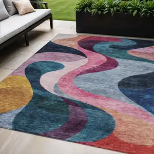 Photo of Green Pink And Teal Blue Abstract Washable Indoor Outdoor Area Rug