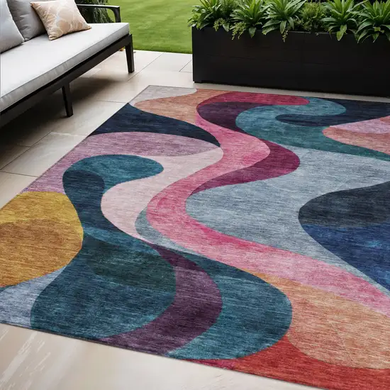 Green Pink And Teal Blue Abstract Washable Indoor Outdoor Area Rug Photo 1