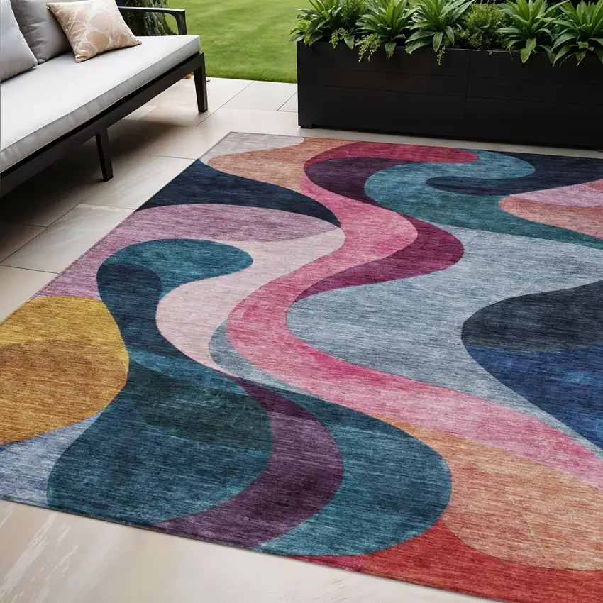 Green Pink And Teal Blue Abstract Washable Indoor Outdoor Area Rug Photo 1