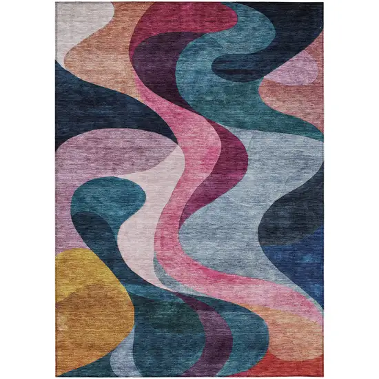 Green Pink And Teal Blue Abstract Washable Indoor Outdoor Area Rug Photo 2