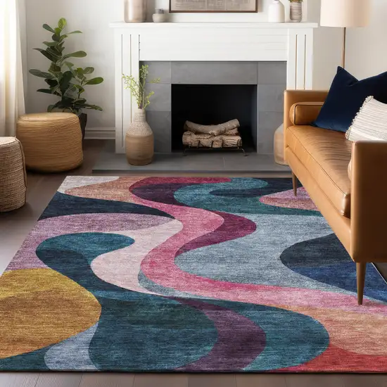 Green Pink And Teal Blue Abstract Washable Indoor Outdoor Area Rug Photo 9