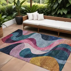 Photo of Green Pink And Teal Blue Abstract Washable Indoor Outdoor Area Rug
