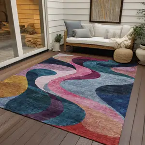 Photo of Green Pink And Teal Blue Abstract Washable Indoor Outdoor Area Rug