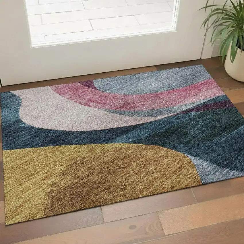 Green Pink Purple And Teal Abstract Washable Area Rug With UV Protection Photo 2