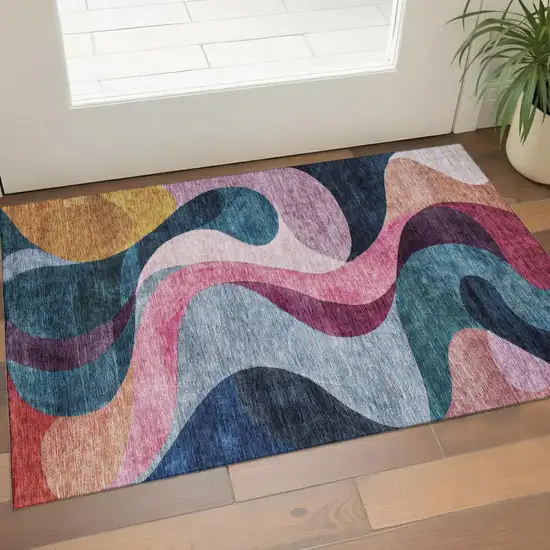 Green Pink Purple And Teal Abstract Washable Area Rug With UV Protection Photo 1