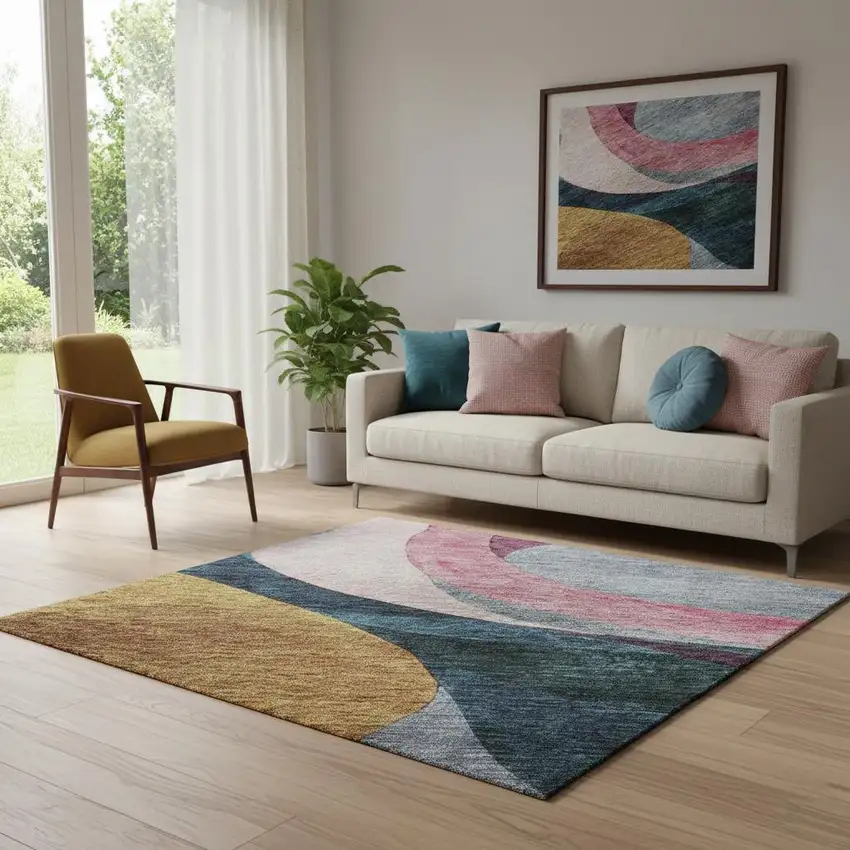 Green Pink Purple And Teal Abstract Washable Area Rug With UV Protection Photo 2