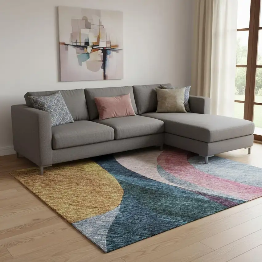 Green Pink Purple And Teal Abstract Washable Area Rug With UV Protection Photo 2