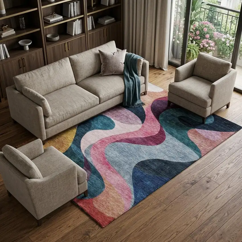 Green Pink Purple And Teal Abstract Washable Area Rug With UV Protection Photo 1