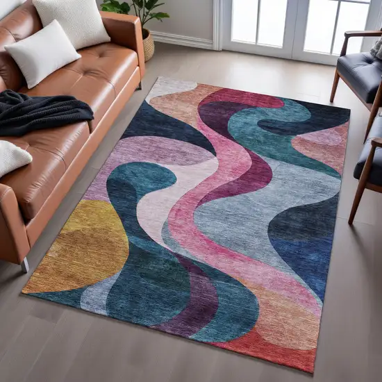 Green Pink Purple And Teal Abstract Washable Area Rug With UV Protection Photo 3