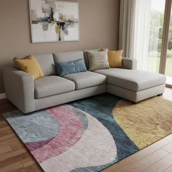 Green Pink Purple And Teal Abstract Washable Area Rug With UV Protection Photo 2