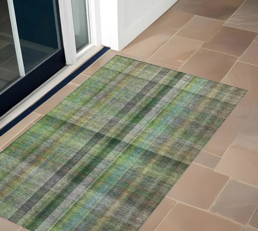 Green Beige and Gray Plaid Washable Non Skid Indoor Outdoor Area Rug Photo 1