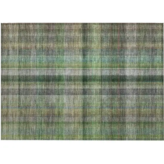 Green Beige and Gray Plaid Washable Non Skid Indoor Outdoor Area Rug Photo 2