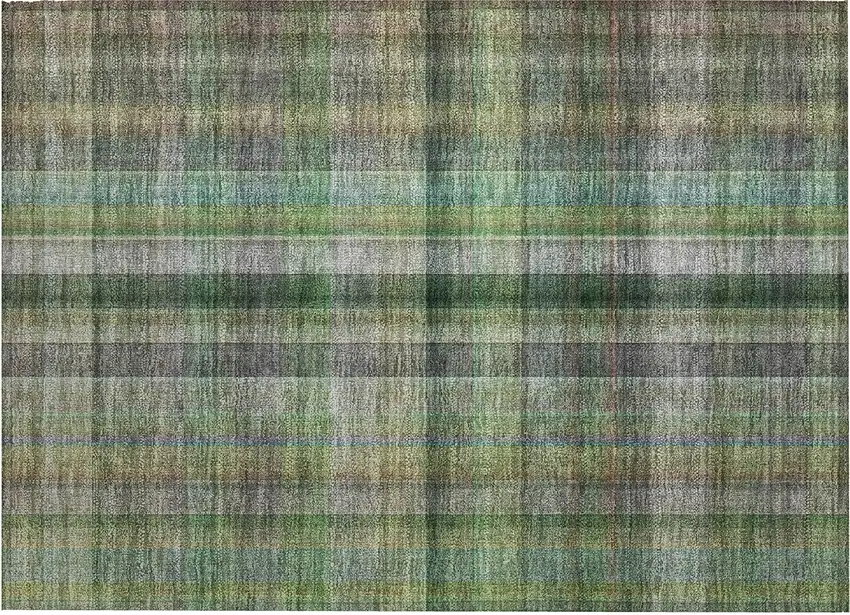 Green Beige and Gray Plaid Washable Non Skid Indoor Outdoor Area Rug Photo 2