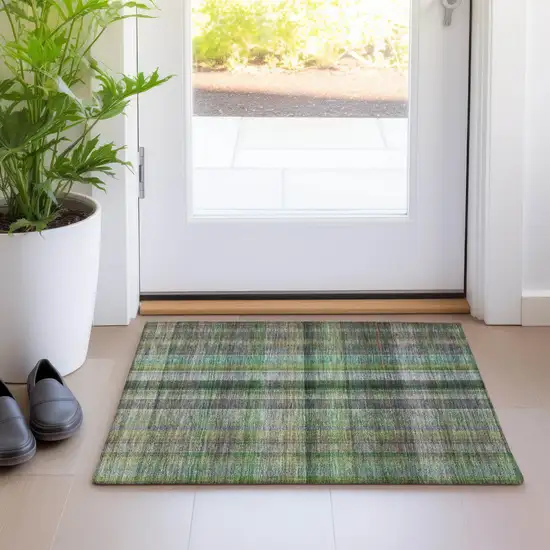Green Beige and Gray Plaid Washable Non Skid Indoor Outdoor Area Rug Photo 9