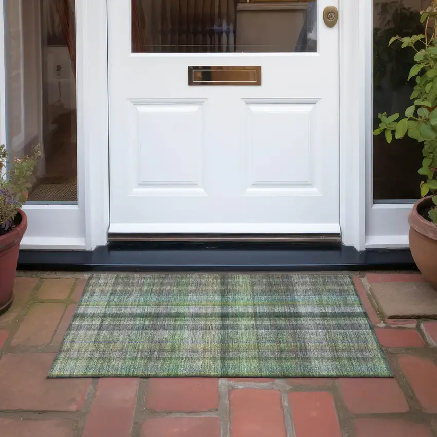Green Beige and Gray Plaid Washable Non Skid Indoor Outdoor Area Rug Photo 8