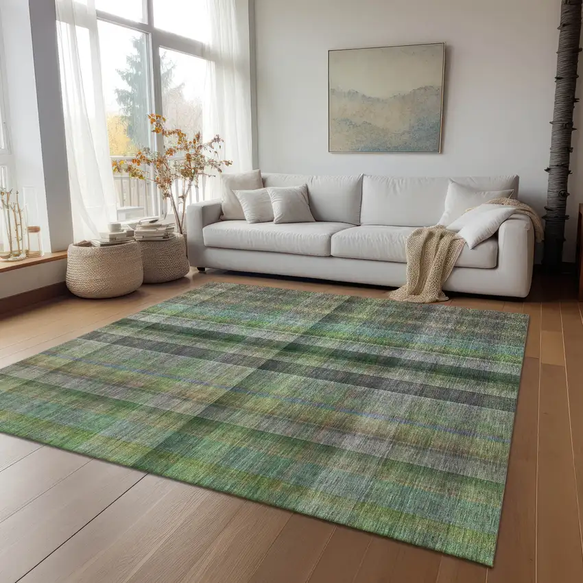 Green Plaid Washable Non Skid Indoor Outdoor Area Rug Photo 9