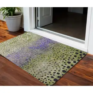 Photo of Green Purple And Black Abstract Washable Indoor Outdoor Area Rug