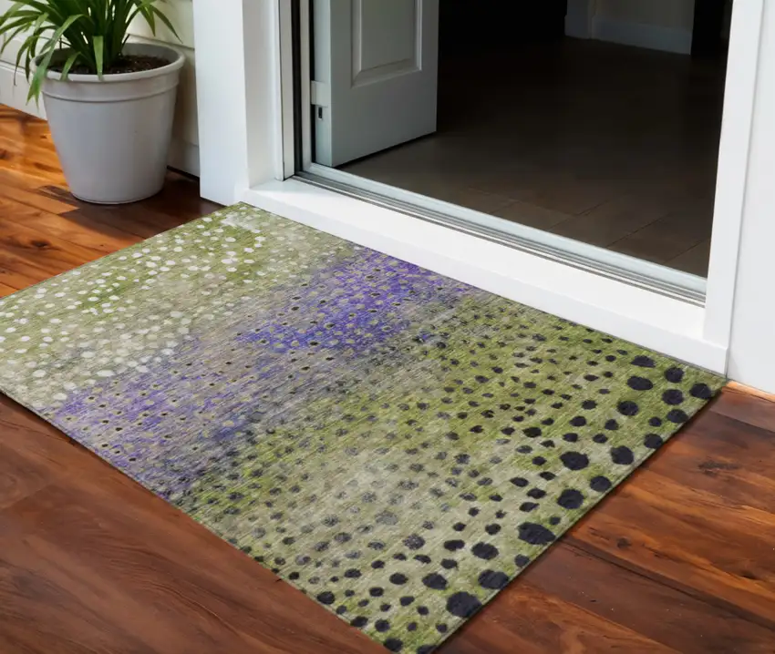 Green Purple And Black Abstract Washable Indoor Outdoor Area Rug Photo 1