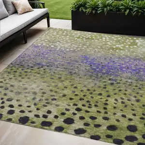 Photo of Green Purple And Black Abstract Washable Indoor Outdoor Area Rug