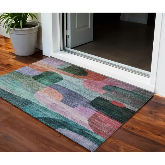 Green Purple And Blue Abstract Washable Indoor Outdoor Area Rug Photo 1