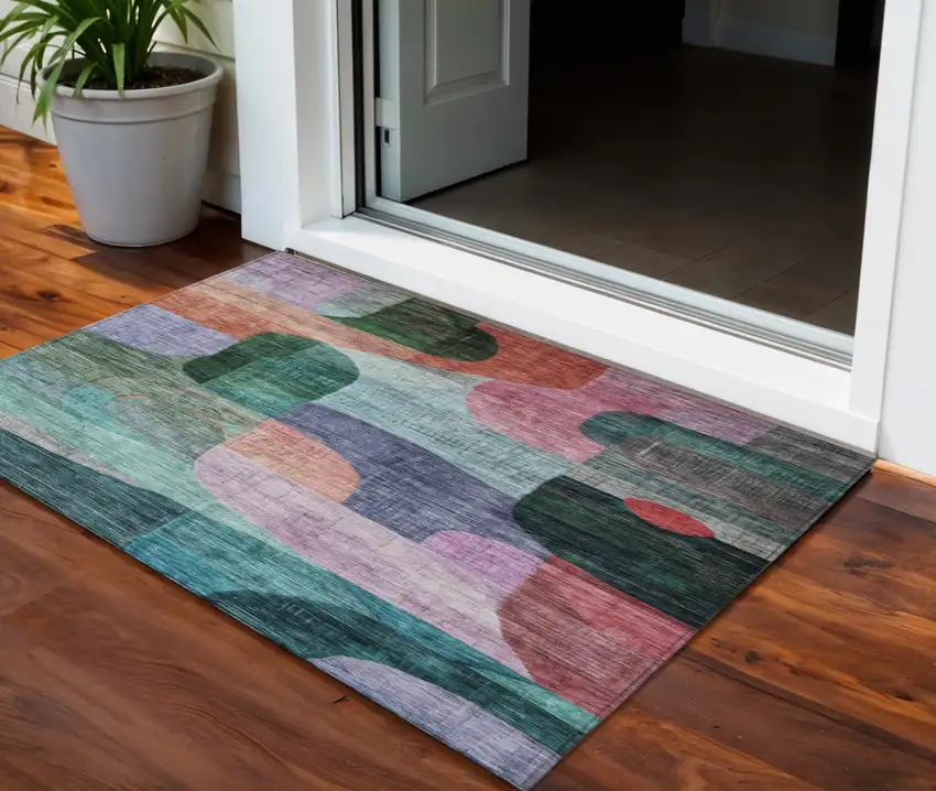 Green Purple And Blue Abstract Washable Indoor Outdoor Area Rug Photo 1