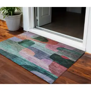 Photo of Green Purple And Blue Abstract Washable Indoor Outdoor Area Rug