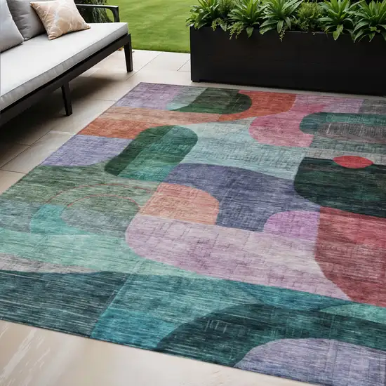 Green Purple And Blue Abstract Washable Indoor Outdoor Area Rug Photo 1