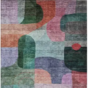 Photo of Green Purple And Blue Abstract Washable Indoor Outdoor Area Rug
