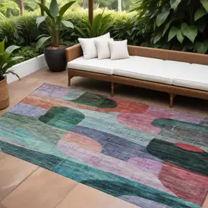 Photo of Green Purple And Blue Abstract Washable Indoor Outdoor Area Rug