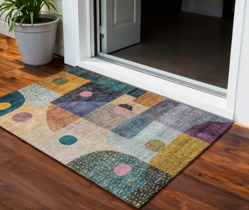 Green Purple And Blue Geometric Washable Indoor Outdoor Area Rug Photo 1