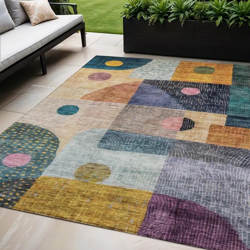 Green Purple And Blue Geometric Washable Indoor Outdoor Area Rug Photo 1