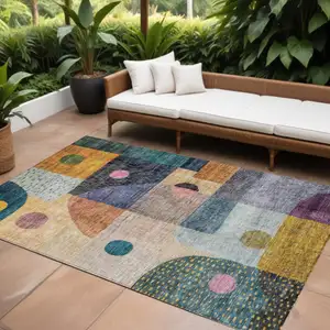 Photo of Green Purple And Blue Geometric Washable Indoor Outdoor Area Rug