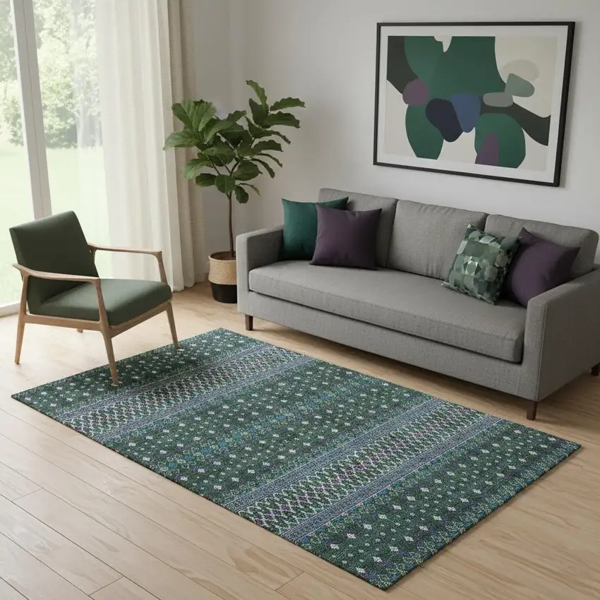 Green Purple And Blue Tribal Washable Area Rug With UV Protection Photo 1