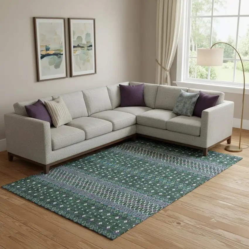 Green Purple And Blue Tribal Washable Area Rug With UV Protection Photo 1