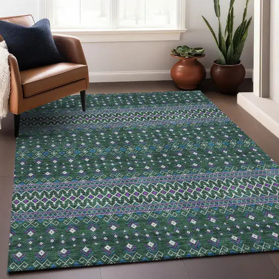 Green Purple And Blue Tribal Washable Area Rug With UV Protection Photo 5