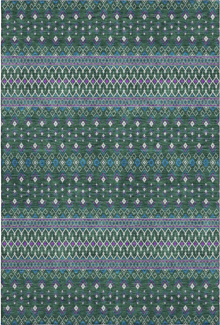 Green Purple And Blue Tribal Washable Area Rug With UV Protection Photo 1