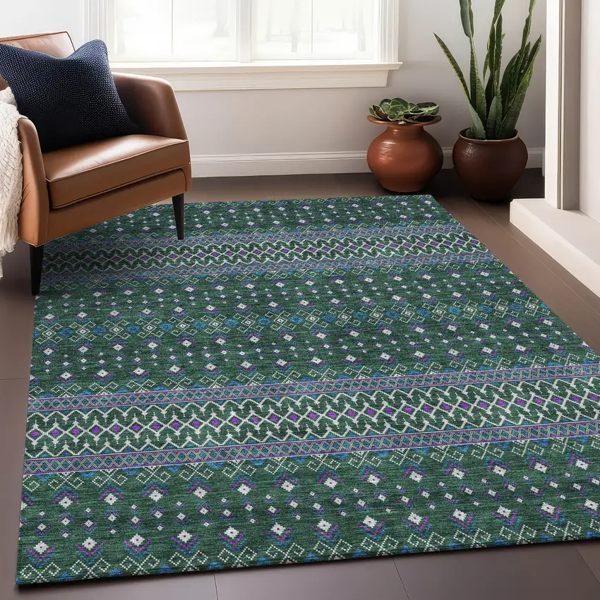 Green Purple And Blue Tribal Washable Area Rug With UV Protection Photo 5