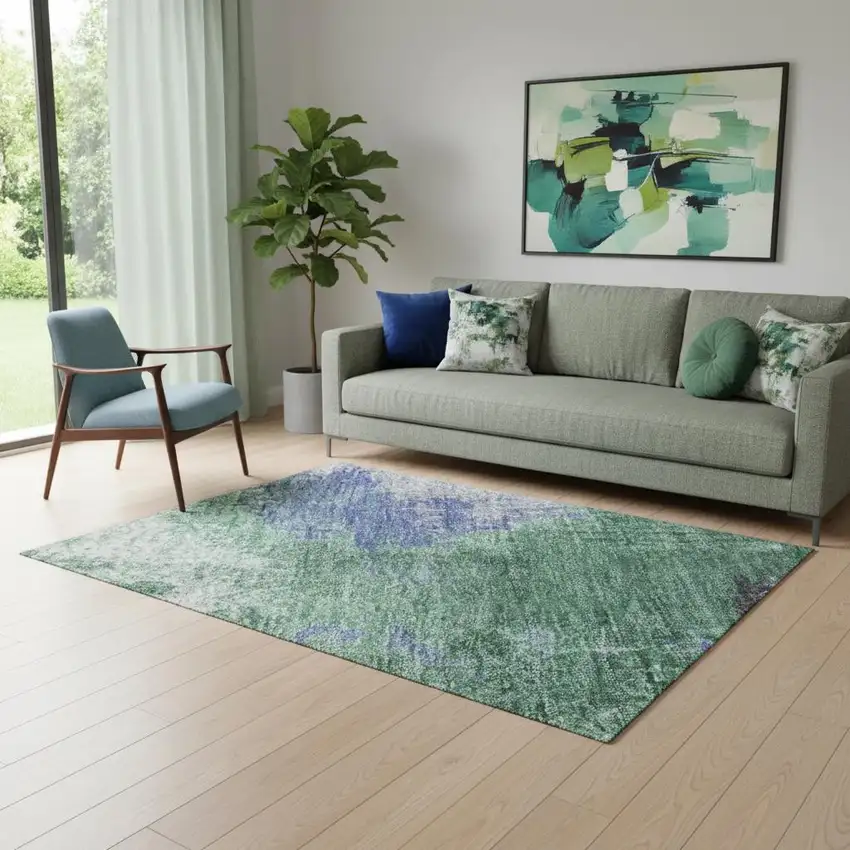 Green Purple And Brown Abstract Washable Area Rug With UV Protection Photo 2