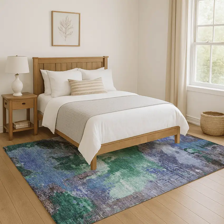 Green Purple And Brown Abstract Washable Area Rug With UV Protection Photo 5