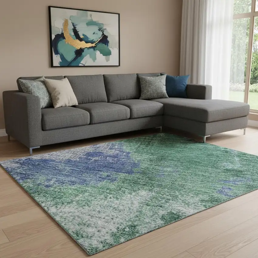 Green Purple And Brown Abstract Washable Area Rug With UV Protection Photo 2