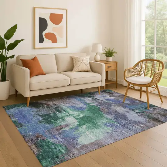 Green Purple And Brown Abstract Washable Area Rug With UV Protection Photo 4