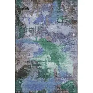 Photo of Green Purple And Brown Abstract Washable Area Rug With UV Protection