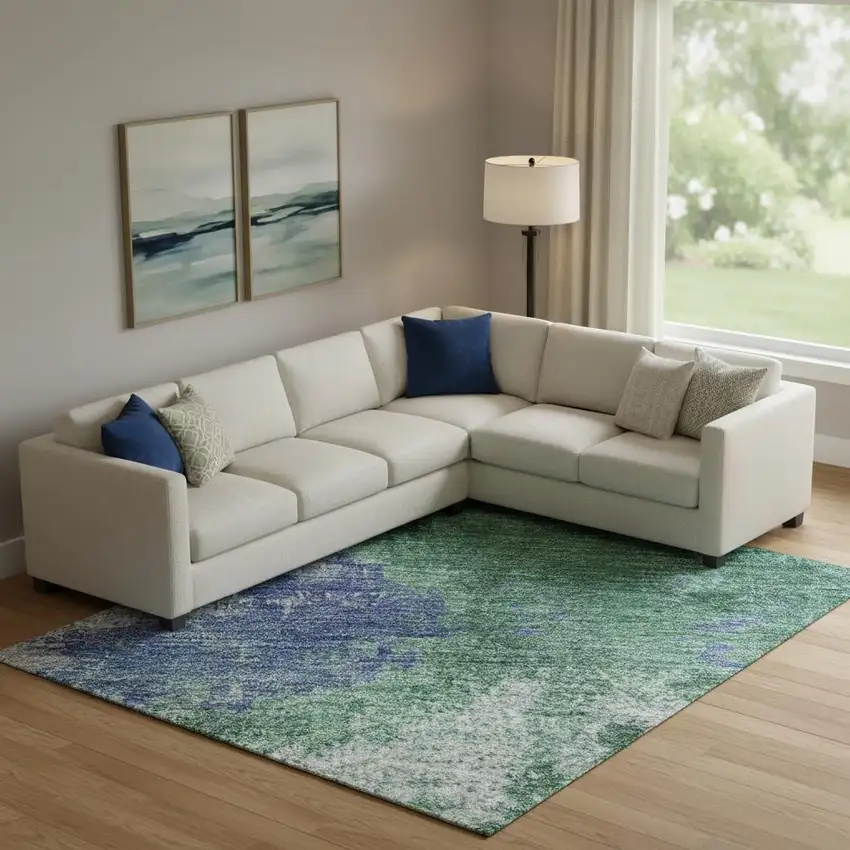 Green Purple And Brown Abstract Washable Area Rug With UV Protection Photo 2